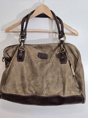 A.S.98 Italian Distressed Two-Tone Leather Satchel Tote Bag - Brown/Taupe